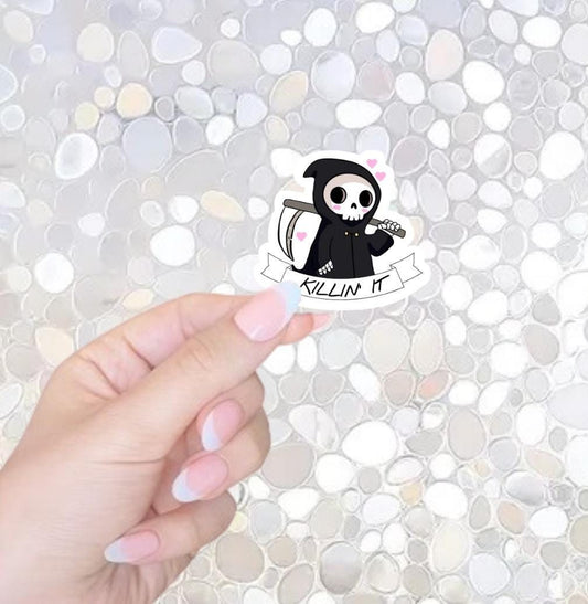 Free Shipping- Killin' It, Cute Grim Reaper Sticker for Kindle, Waterbottle, Laptop