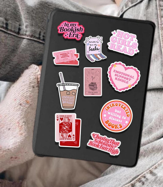 Free Shipping- Set of 10 Pink Bookish Stickers for Kindle, Waterbottle, Laptop, Kindle Sticker Bundle